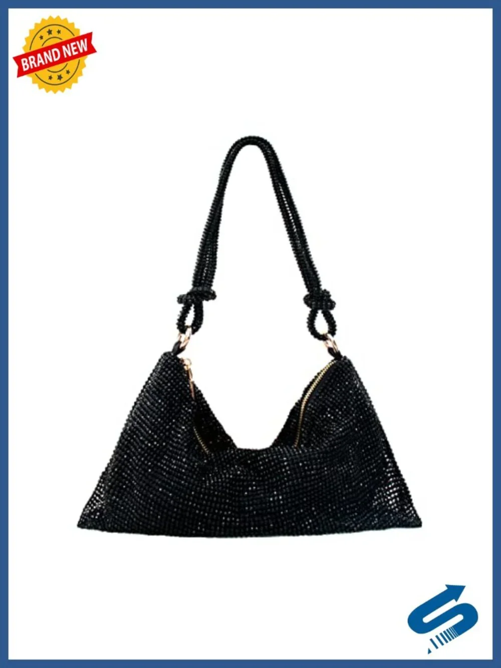 Rhinestone Hobo Evening Bag with Zipper Closure & Adjustable Strap